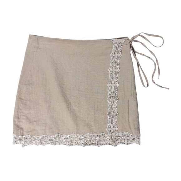 Zara Dresses & Skirts - XS Zara Tan Linen Blend Lace Trim Wrap Mini Slip Skirt Boho Summer Cowgirl